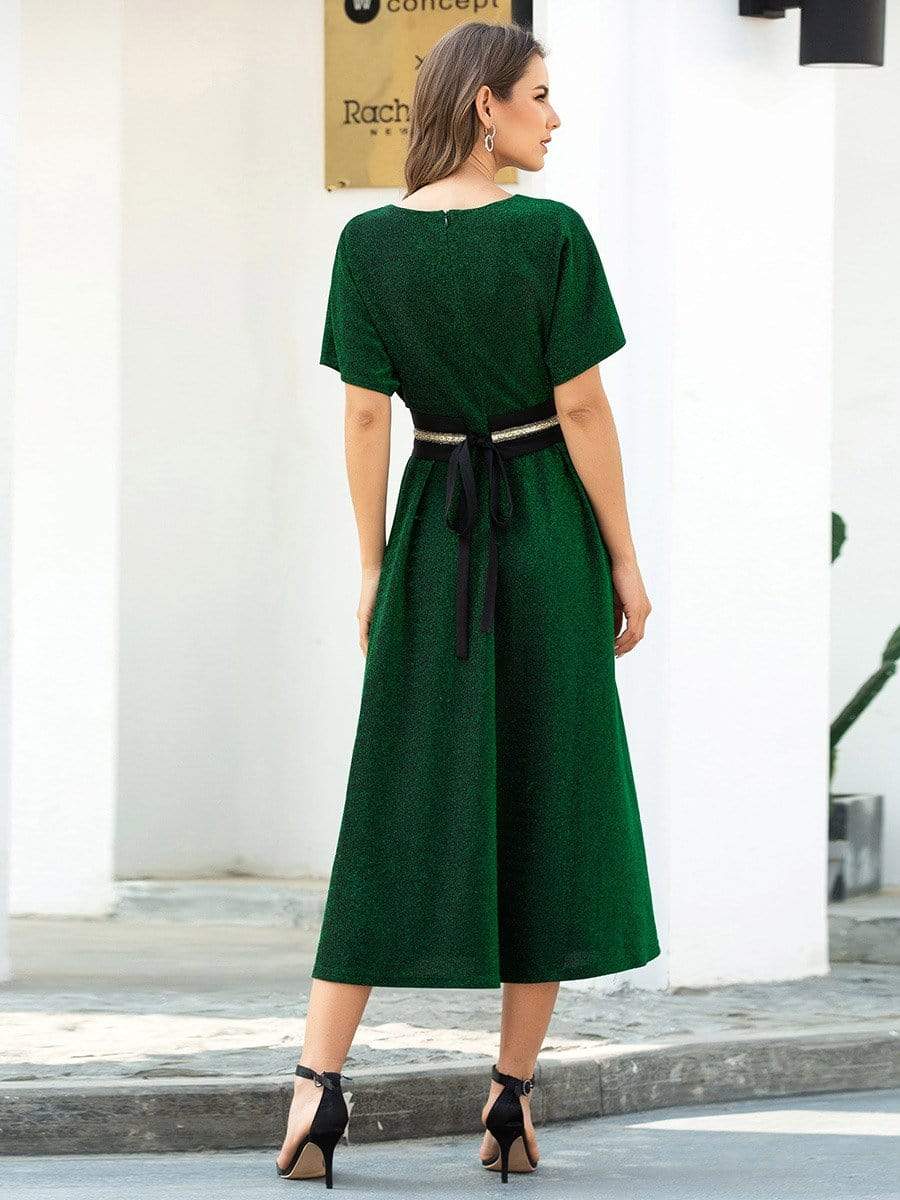 Color=Dark Green | Deep V Neck A-Line Short Shiny Cocktail Dresses For Party-Dark Green 2