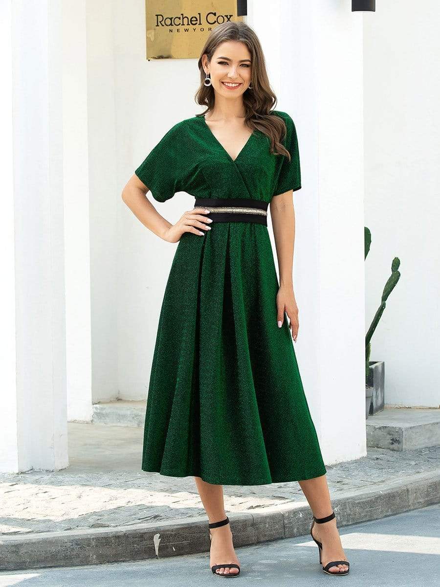 Color=Dark Green | Deep V Neck A-Line Short Shiny Cocktail Dresses For Party-Dark Green 4