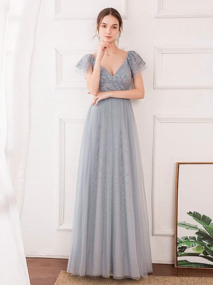 Color=Grey | Deep V Neckline Ruffle Sleeve A-Line Lace Tulle Bridesmaid Dresses-Grey 3