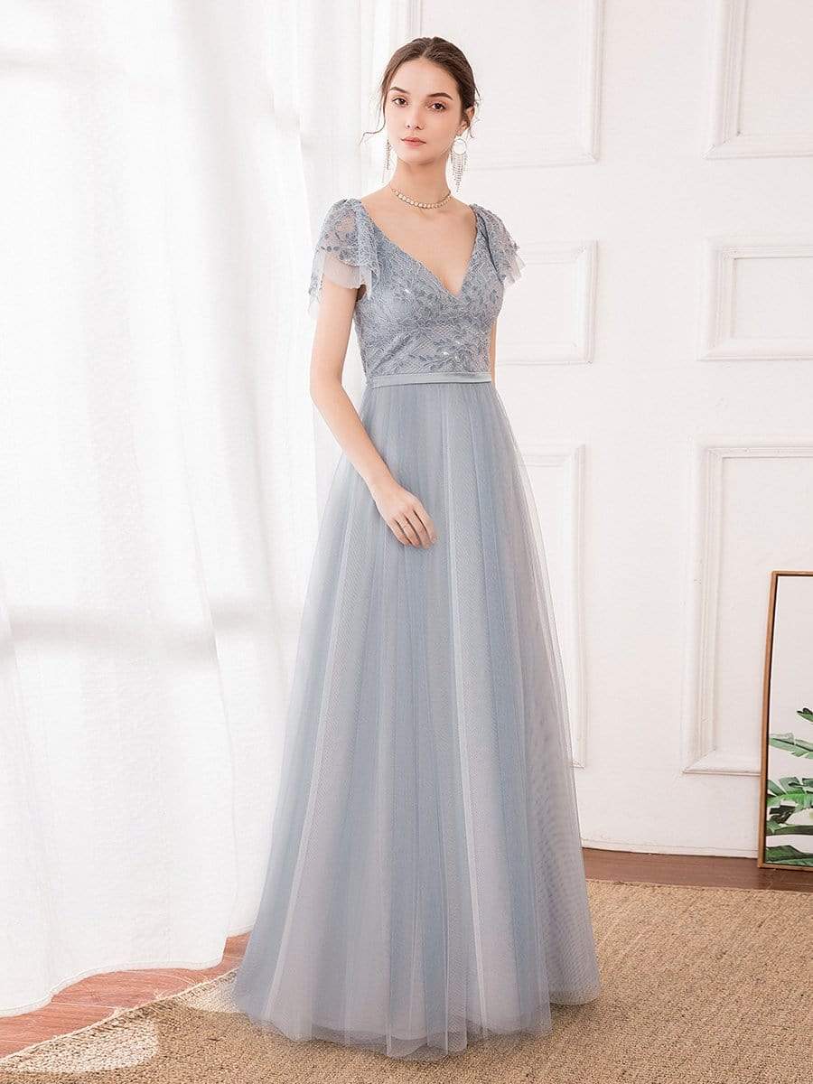 Color=Grey | Deep V Neckline Ruffle Sleeve A-Line Lace Tulle Bridesmaid Dresses-Grey 4