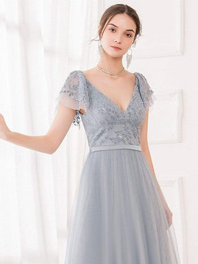 Color=Grey | Deep V Neckline Ruffle Sleeve A-Line Lace Tulle Bridesmaid Dresses-Grey 5