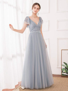 Color=Grey | Deep V Neckline Ruffle Sleeve A-Line Lace Tulle Bridesmaid Dresses-Grey 1