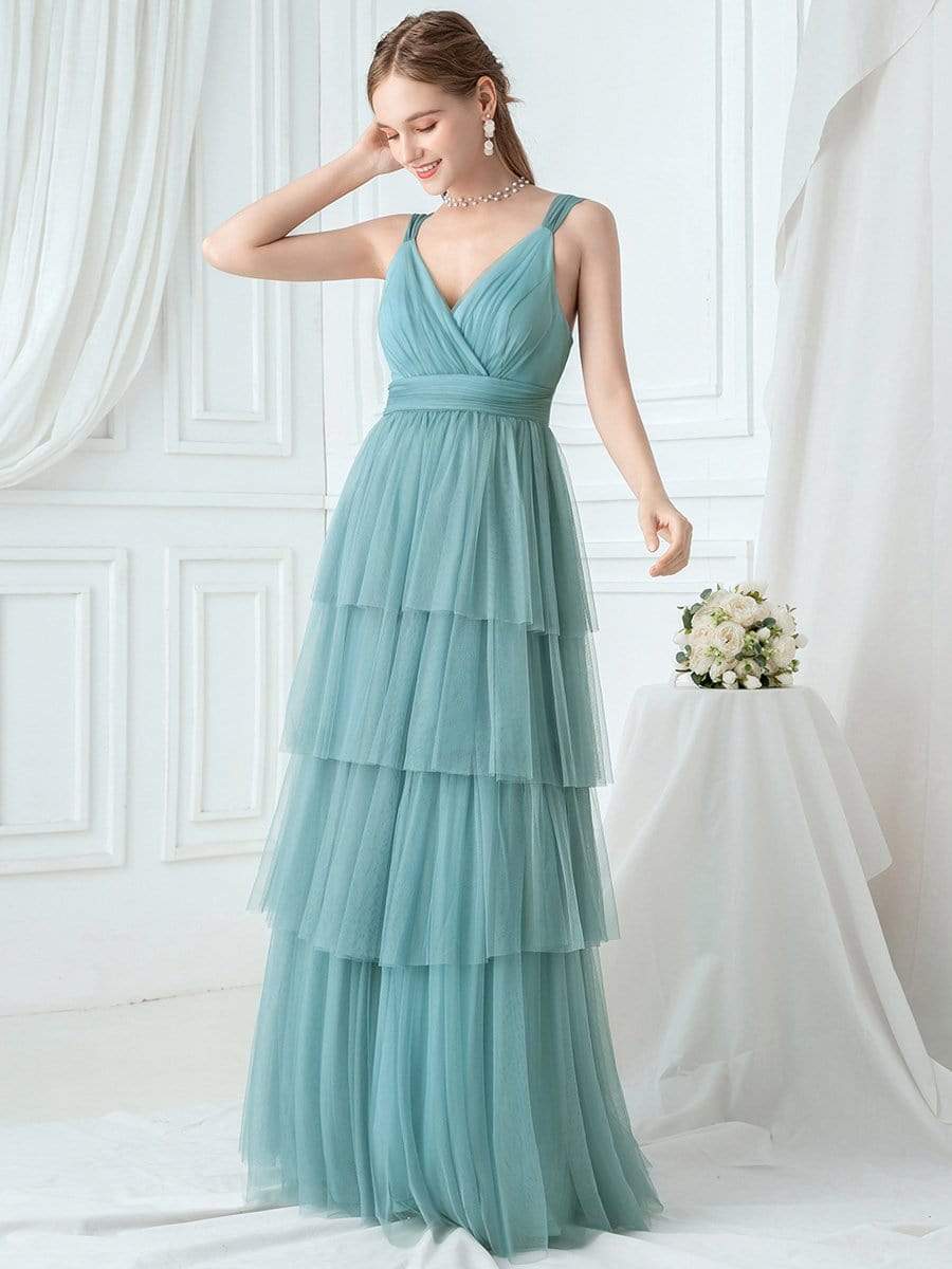 Color=Dusty Blue | Deep V Neckline Sleeveless A-Line Layered Tulle Bridesmaid Dresses-Dusty Blue 3