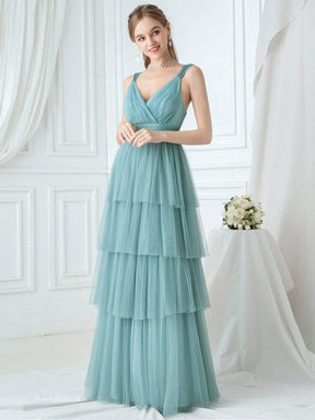 Color=Dusty Blue | Deep V Neckline Sleeveless A-Line Layered Tulle Bridesmaid Dresses-Dusty Blue 4