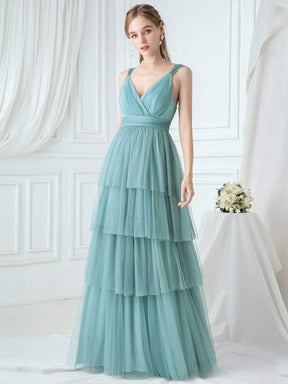 Color=Dusty Blue | Deep V Neckline Sleeveless A-Line Layered Tulle Bridesmaid Dresses-Dusty Blue 1