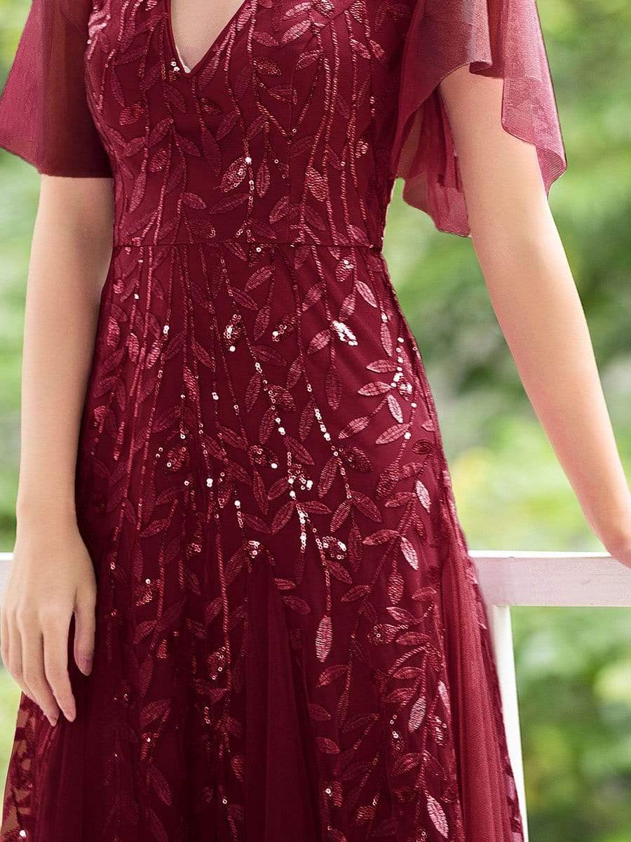 Color=Burgundy | Modern Floor Length Embroidered Sequined Tulle Wedding Dress-Burgundy 4