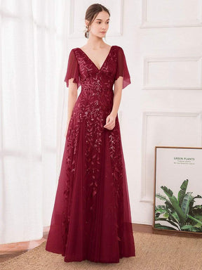 Color=Burgundy | Modern Floor Length Embroidered Sequined Tulle Wedding Dress-Burgundy 1