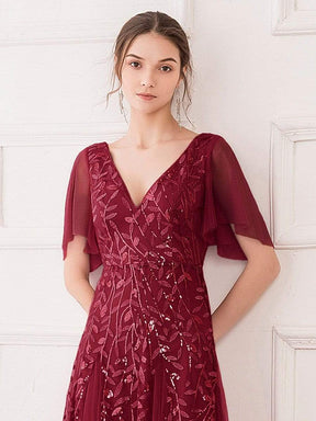 Color=Burgundy | Modern Floor Length Embroidered Sequined Tulle Wedding Dress-Burgundy 2