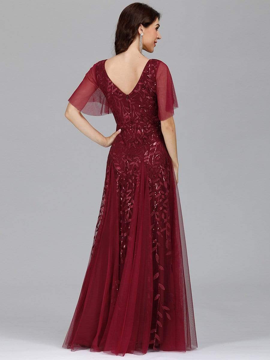 Color=Burgundy | Modern Floor Length Embroidered Sequined Tulle Wedding Dress-Burgundy 5