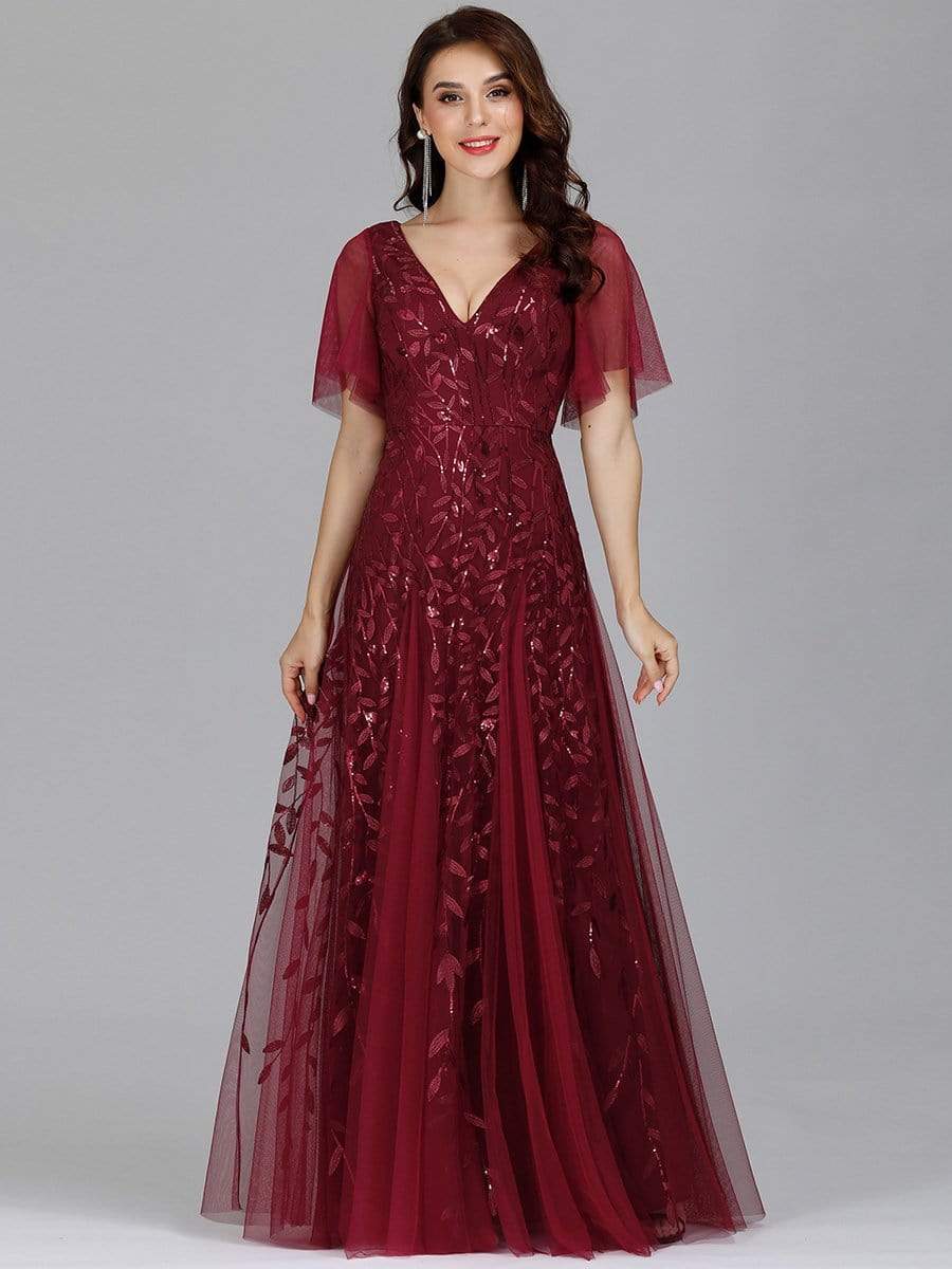 Color=Burgundy | Modern Floor Length Embroidered Sequined Tulle Wedding Dress-Burgundy 3