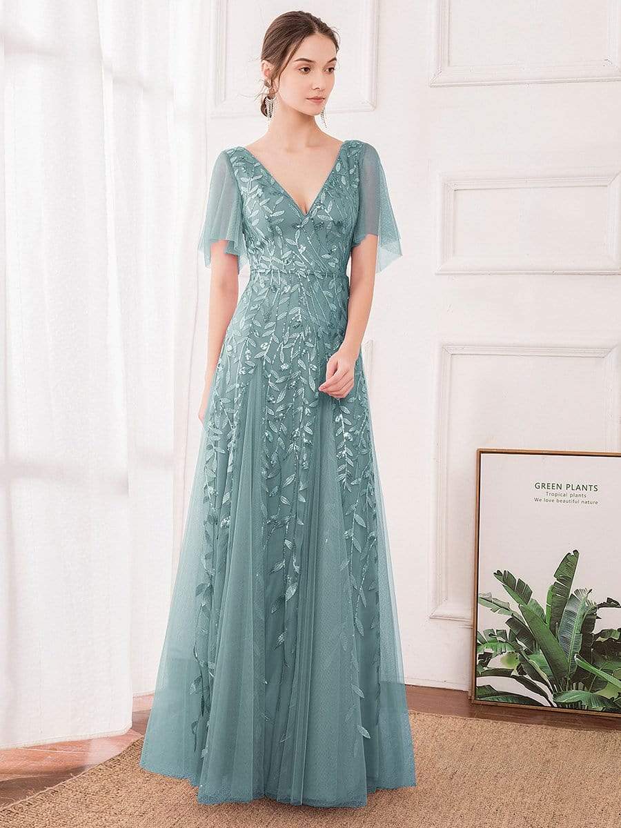 Color=Dusty Blue | Modern Floor Length Embroidered Sequined Tulle Wedding Dress-Dusty Blue 1