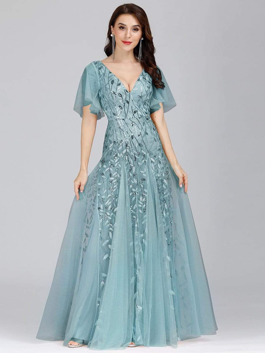 Color=Dusty Blue | Modern Floor Length Embroidered Sequined Tulle Wedding Dress-Dusty Blue 3