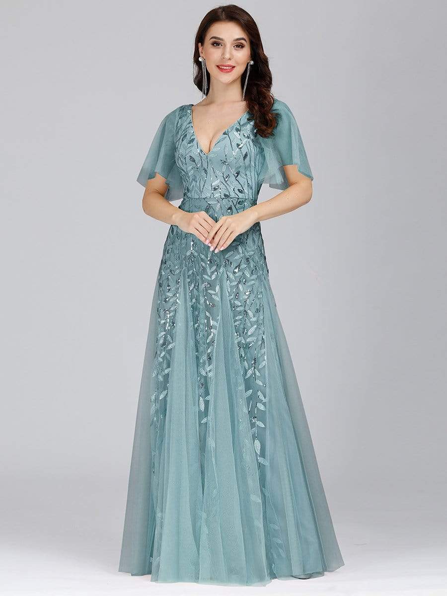 Color=Dusty Blue | Modern Floor Length Embroidered Sequined Tulle Wedding Dress-Dusty Blue 5