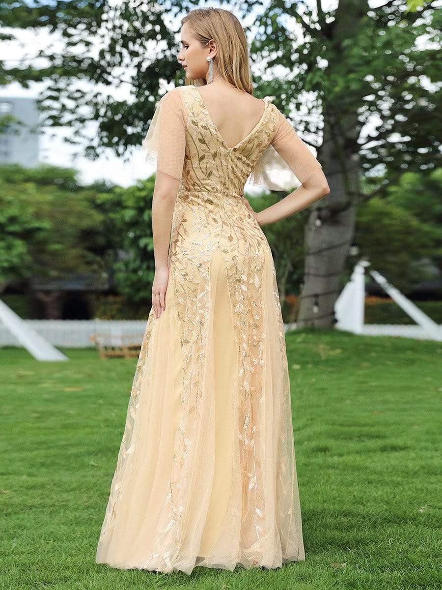 Color=Gold | Modern Floor Length Embroidered Sequined Tulle Wedding Dress-Gold 2