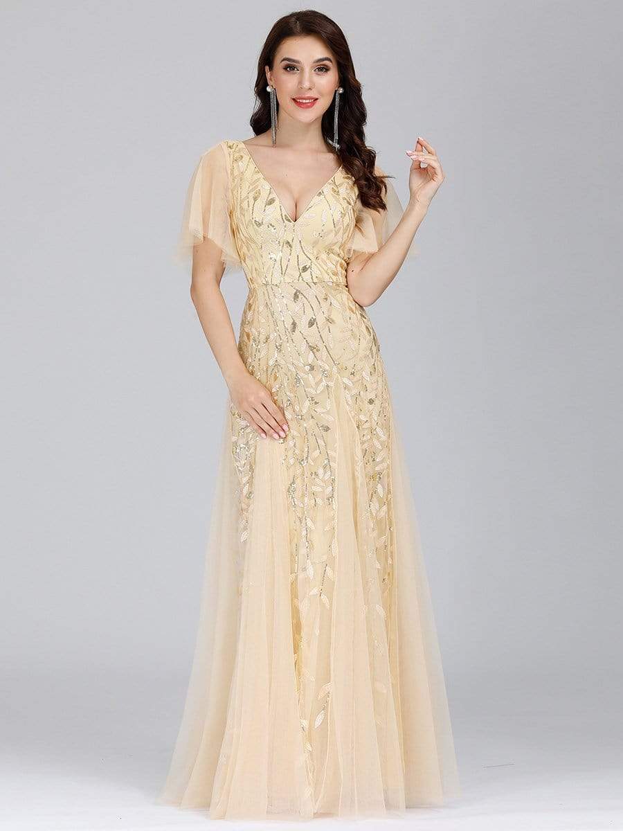 Color=Gold | Modern Floor Length Embroidered Sequined Tulle Wedding Dress-Gold 4