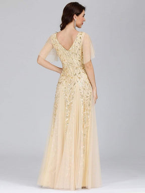 Color=Gold | Modern Floor Length Embroidered Sequined Tulle Wedding Dress-Gold 5