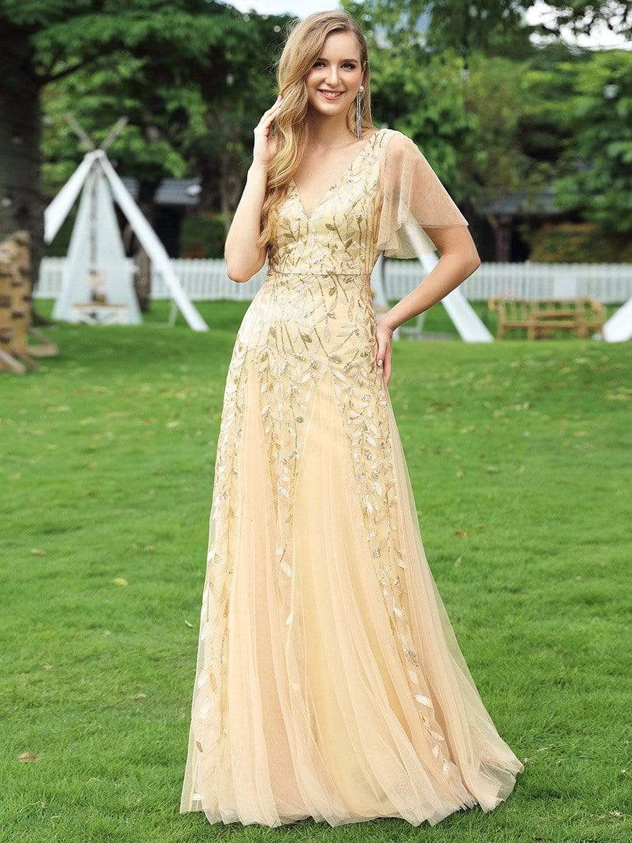 Color=Gold | Modern Floor Length Embroidered Sequined Tulle Wedding Dress-Gold 1