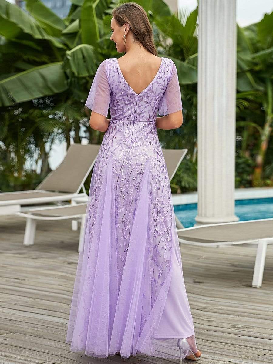 Color=Lavender | Modern Floor Length Embroidered Sequined Tulle Wedding Dress-Lavender 2