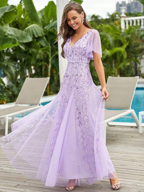 Color=Lavender | Modern Floor Length Embroidered Sequined Tulle Wedding Dress-Lavender 4