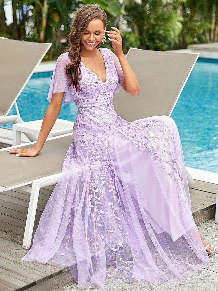 Color=Lavender | Modern Floor Length Embroidered Sequined Tulle Wedding Dress-Lavender 5