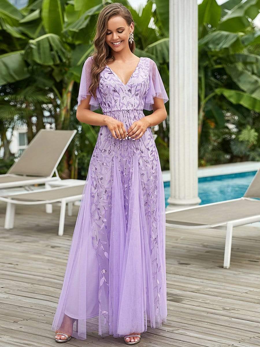 Color=Lavender | Modern Floor Length Embroidered Sequined Tulle Wedding Dress-Lavender 1