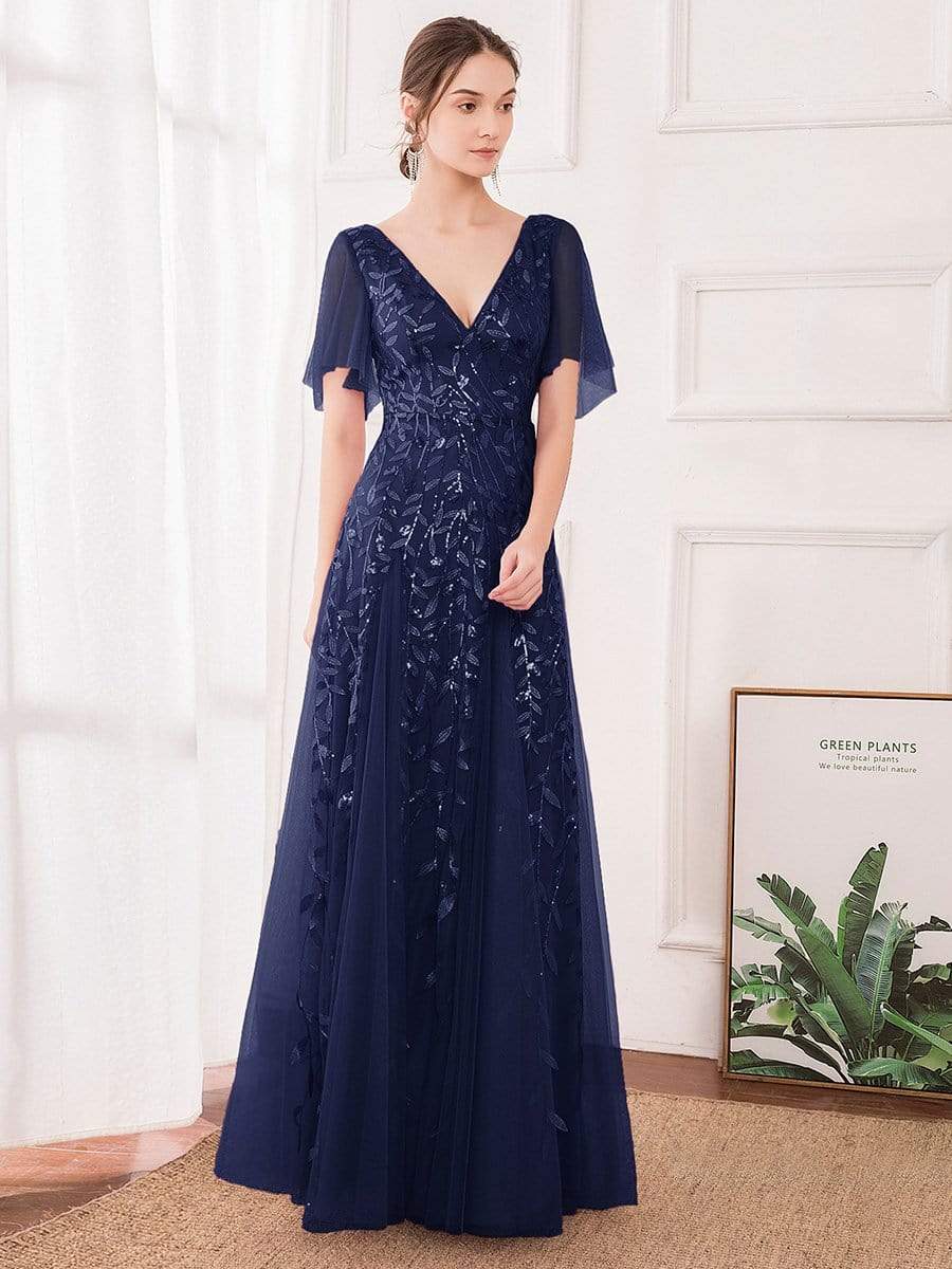Color=Navy Blue | Modern Floor Length Embroidered Sequined Tulle Wedding Dress-Navy Blue 1