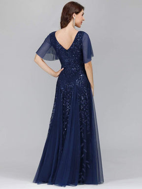 Color=Navy Blue | Modern Floor Length Embroidered Sequined Tulle Wedding Dress-Navy Blue 4