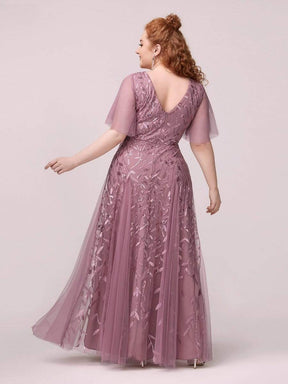 Color=Purple Orchid | Plus Size romantic shimmery v neck ruffle sleeves evening gown-Purple Orchid 4
