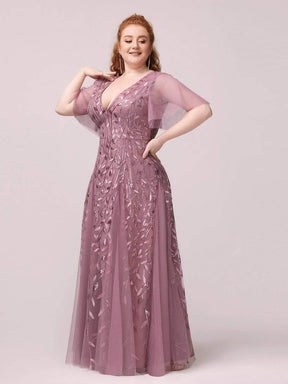 Color=Purple Orchid | Plus Size romantic shimmery v neck ruffle sleeves evening gown-Purple Orchid 5