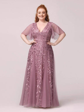 Color=Purple Orchid | Plus Size romantic shimmery v neck ruffle sleeves evening gown-Purple Orchid 6