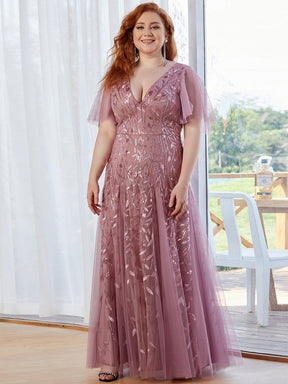 Color=Purple Orchid | Plus Size romantic shimmery v neck ruffle sleeves evening gown-Purple Orchid 1
