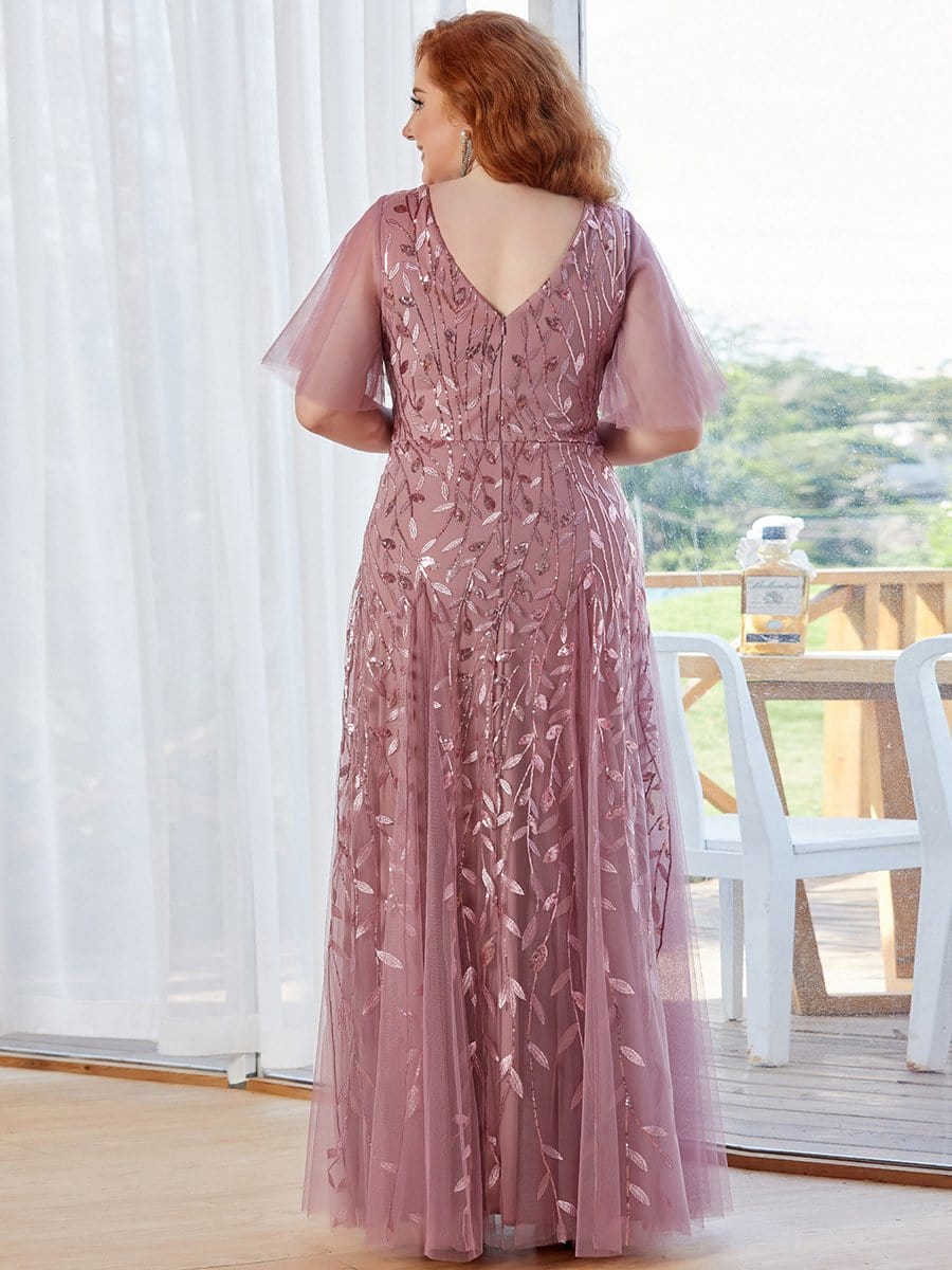 Plus Size romantic shimmery v neck ruffle sleeves evening gown