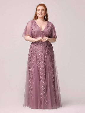 Color=Purple Orchid | Plus Size romantic shimmery v neck ruffle sleeves evening gown-Purple Orchid 3