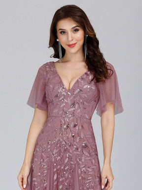 Color=Purple Orchid | Romantic Shimmery V Neck Ruffle Sleeves Evening Gown-Purple Orchid 5