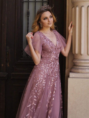 Color=Purple Orchid | Romantic Shimmery V Neck Ruffle Sleeves Evening Gown-Purple Orchid 9