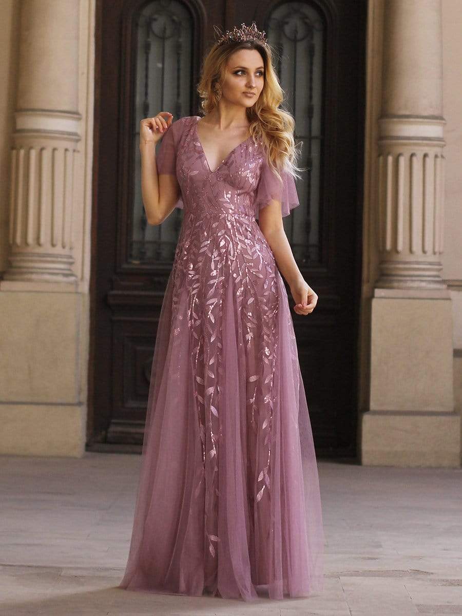 Color=Purple Orchid | Romantic Shimmery V Neck Ruffle Sleeves Evening Gown-Purple Orchid 8