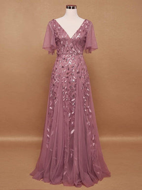 Color=Purple Orchid | Romantic Shimmery V Neck Ruffle Sleeves Evening Gown-Purple Orchid 8