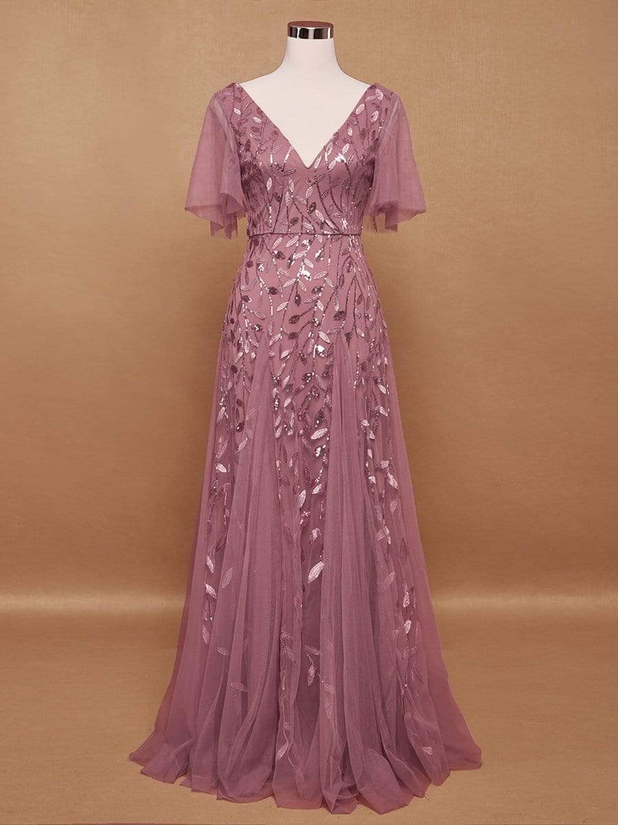 Color=Purple Orchid | Romantic Shimmery V Neck Ruffle Sleeves Evening Gown-Purple Orchid 8