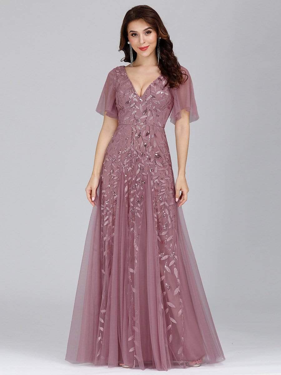 Color=Purple Orchid | Romantic Shimmery V Neck Ruffle Sleeves Evening Gown-Purple Orchid 1