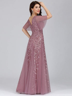 Color=Purple Orchid | Romantic Shimmery V Neck Ruffle Sleeves Evening Gown-Purple Orchid 2