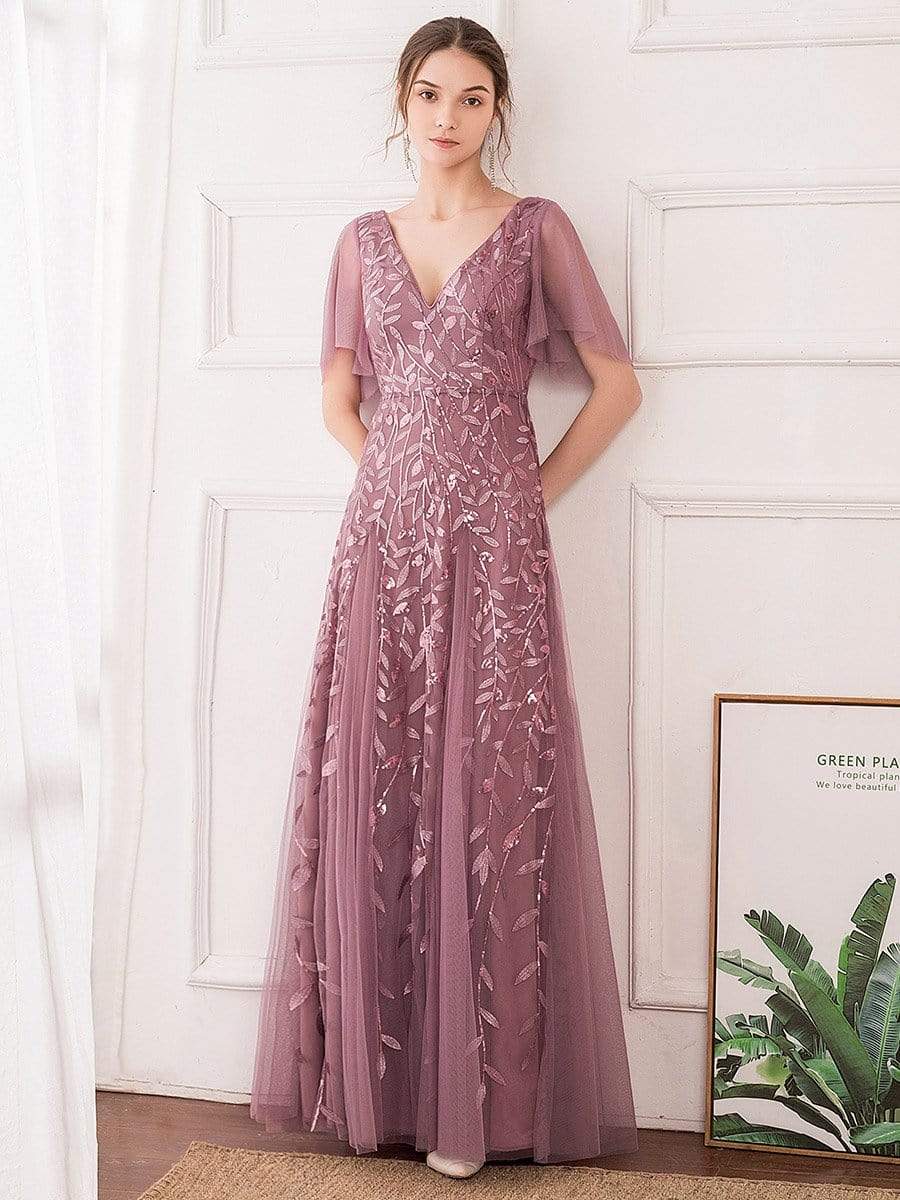 Color=Purple Orchid | Romantic Shimmery V Neck Ruffle Sleeves Evening Gown-Purple Orchid 6