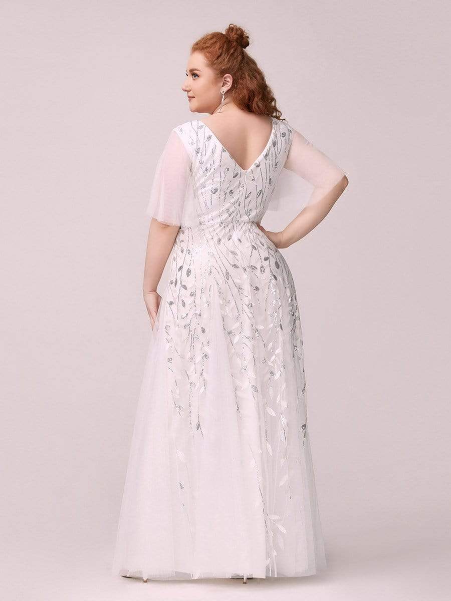Color=White | Plus Size romantic shimmery v neck ruffle sleeves evening gown-White 2