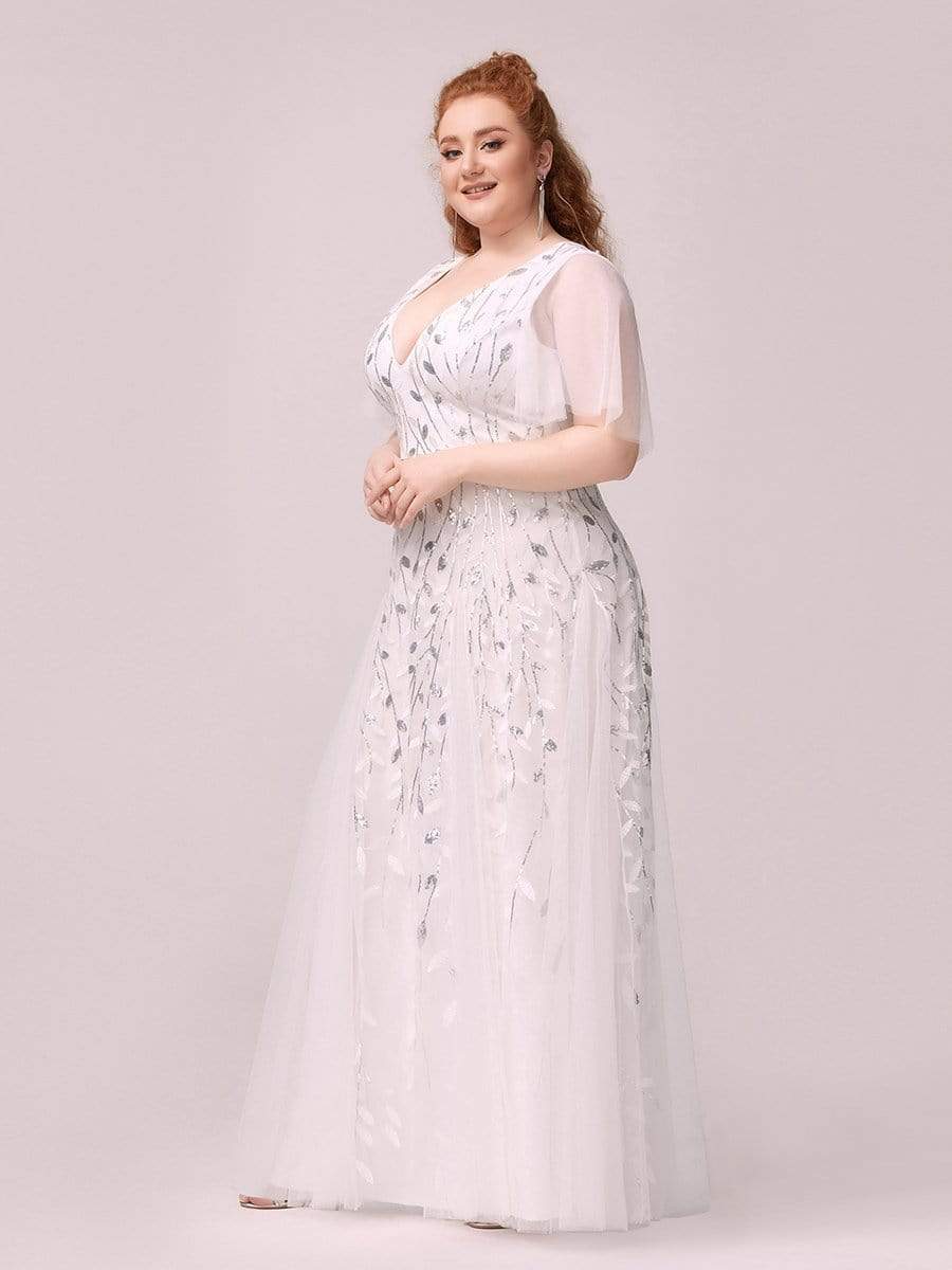 Color=White | Plus Size romantic shimmery v neck ruffle sleeves evening gown-White 4