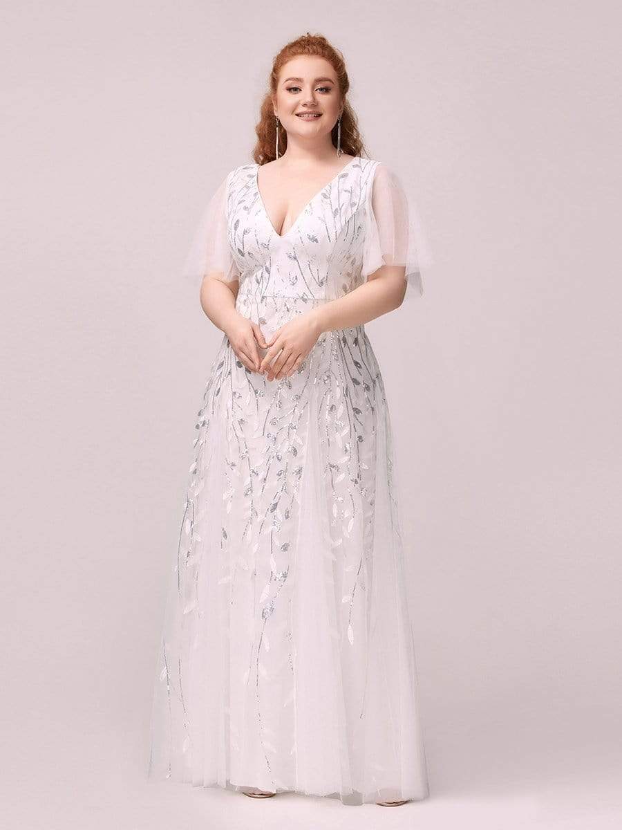 Color=White | Plus Size romantic shimmery v neck ruffle sleeves evening gown-White 1