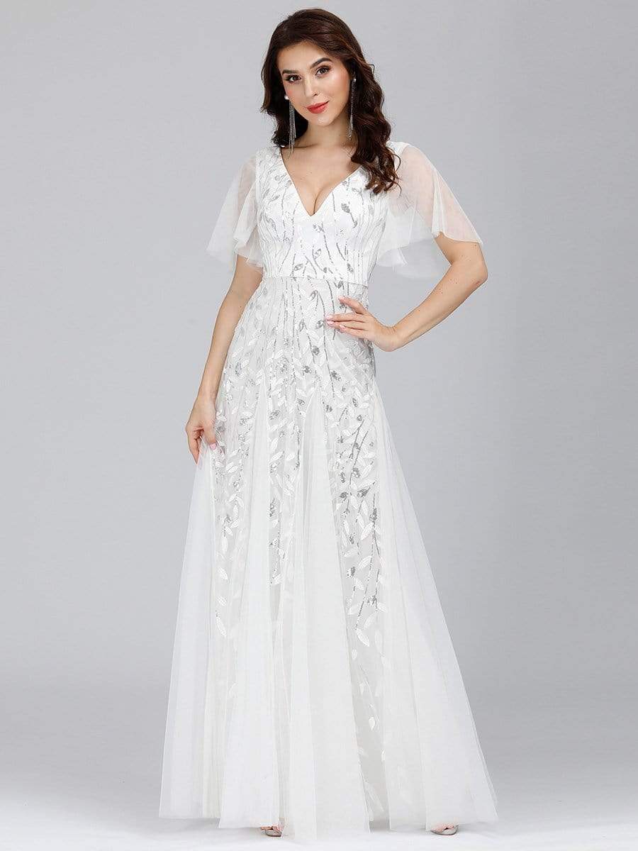 Color=White | Romantic Shimmery V Neck Ruffle Sleeves Evening Gown-White 9