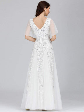 Color=White | Romantic Shimmery V Neck Ruffle Sleeves Evening Gown-White 10