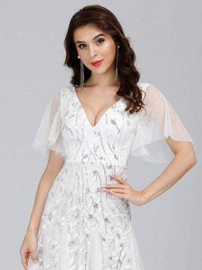 Color=White | Romantic Shimmery V Neck Ruffle Sleeves Evening Gown-White 13