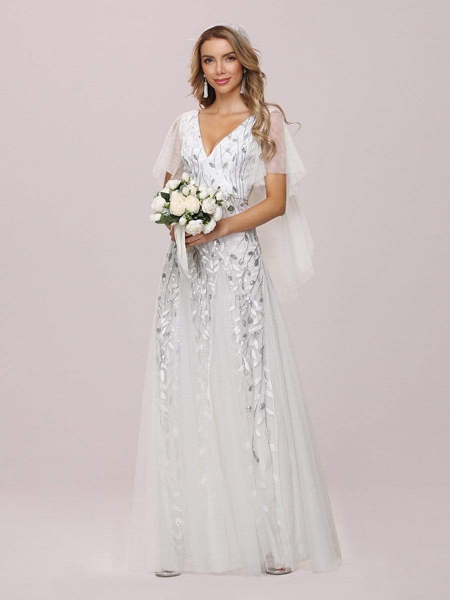 Color=White | Modern Floor Length Embroidered Sequined Tulle Wedding Dress-White 5