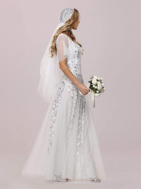 Color=White | Modern Floor Length Embroidered Sequined Tulle Wedding Dress-White 6