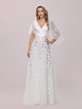 Color=White | Modern Floor Length Embroidered Sequined Tulle Wedding Dress-White 7